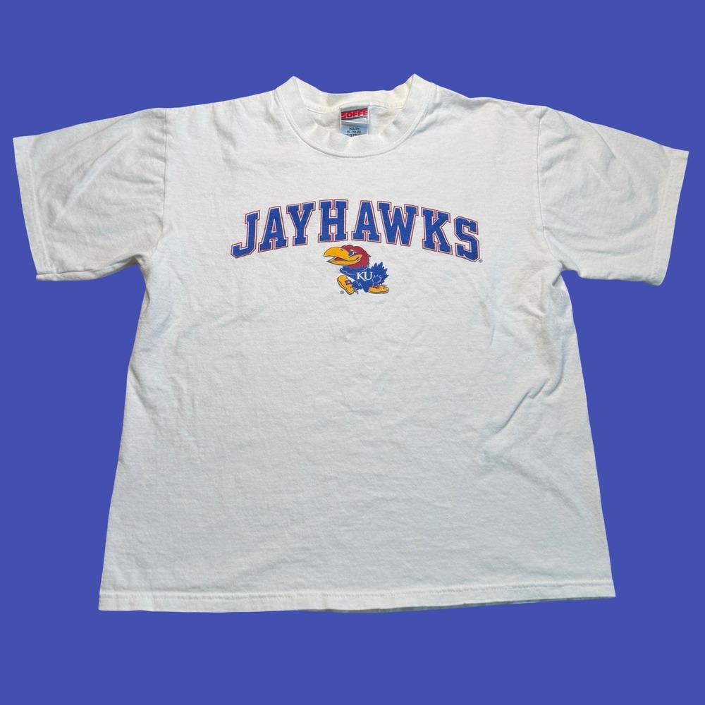 Kansas Jayhawks Tee Youth XL White NCAA College Basketball Sports Y2K Graphic